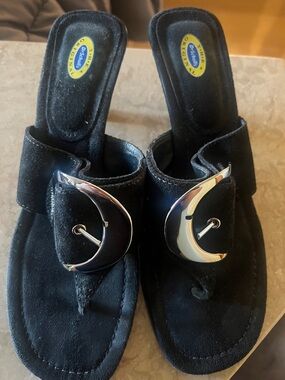 Dr Scholls Black Suede Slide Sandals with Silver Buckle Accent